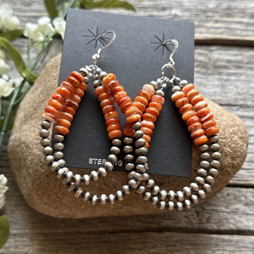 Sterling Silver Double Loop Orange Spiny Oyster P… - image 2